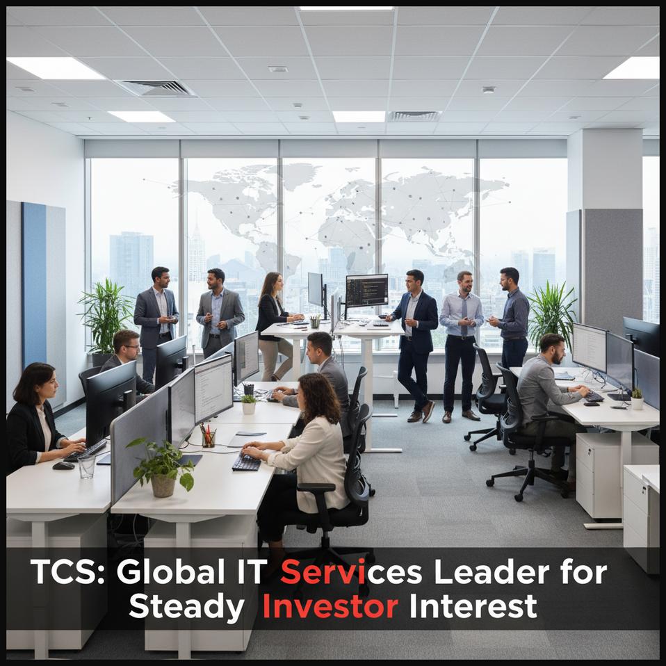 Professionals working in a modern, collaborative IT office setting, symbolizing Tata Consultancy Services' global leadership in IT services.