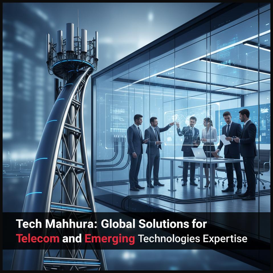 A blend of telecom infrastructure and professionals working with advanced technology, representing Tech Mahindra's expertise.