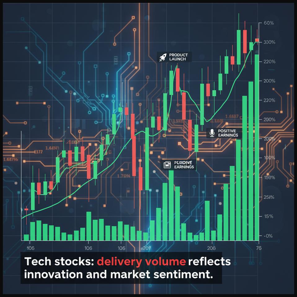 Stock chart of a technology stock showing dynamic price movements and delivery volume reflecting innovation and market sentiment.