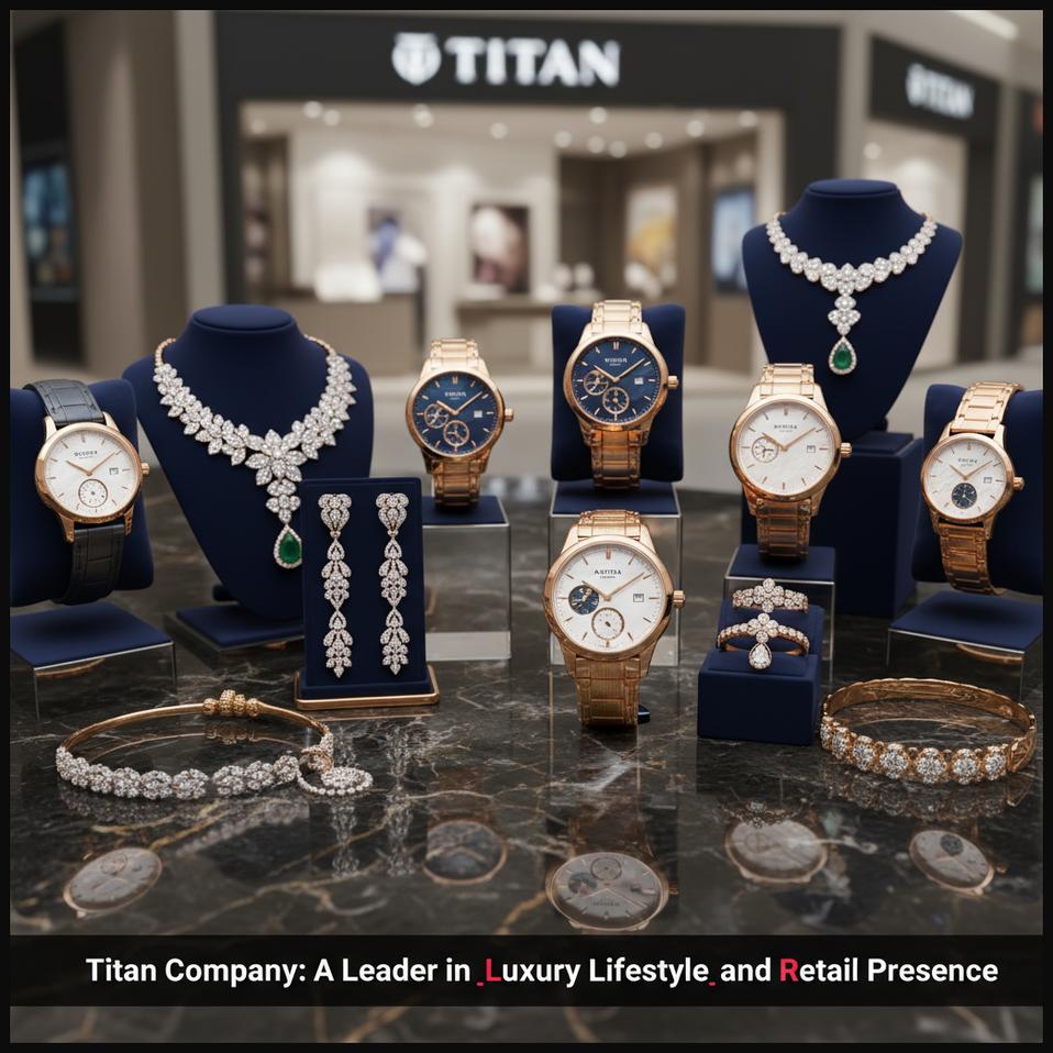 An elegant display of watches and jewelry from Titan Company, representing its diverse luxury and lifestyle portfolio.