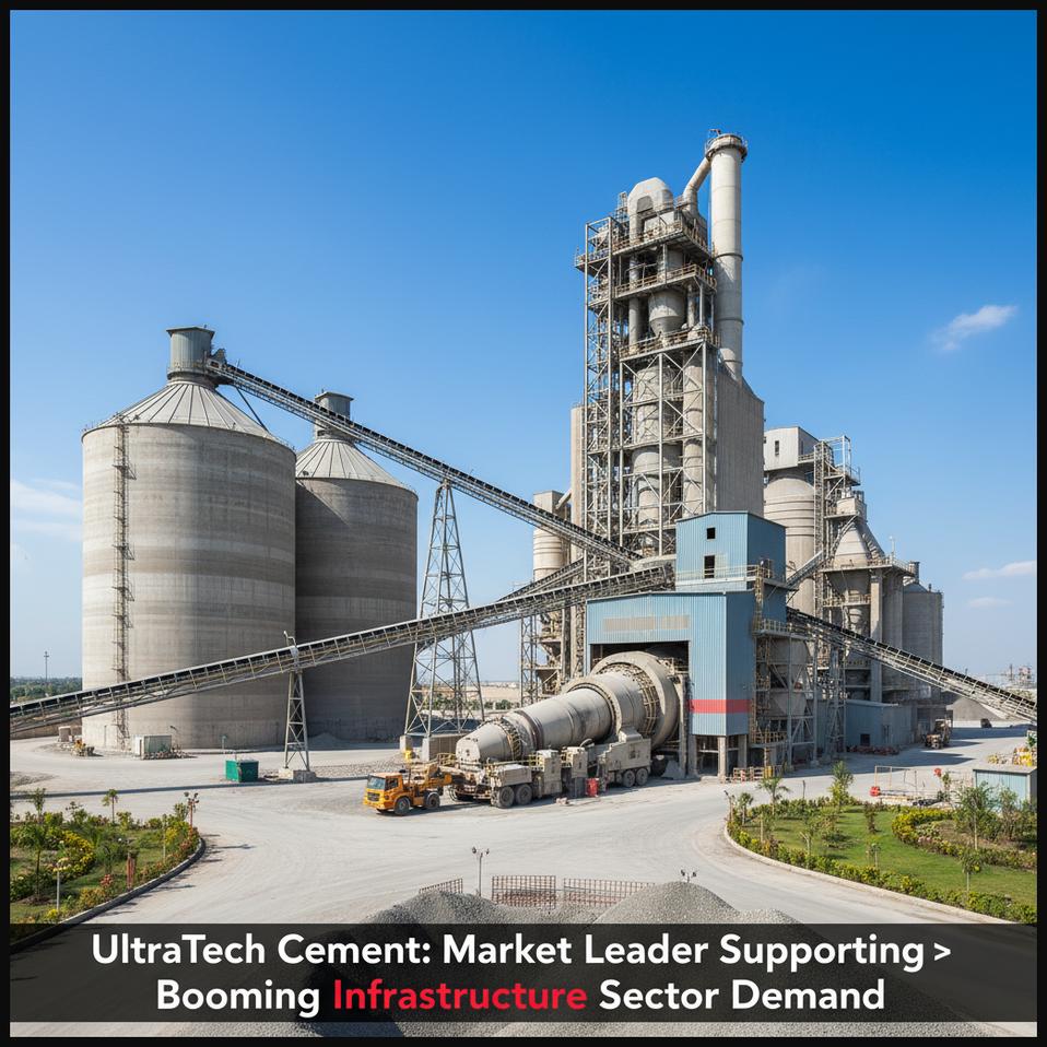A large cement factory with piles of cement and machinery, symbolizing UltraTech Cement's market leadership.