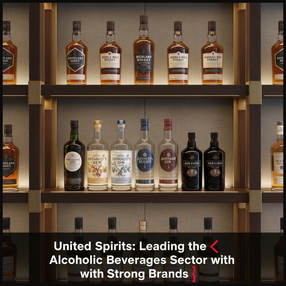 A collection of elegantly branded alcoholic beverage bottles on a sophisticated shelf, representing United Spirits' leadership.
