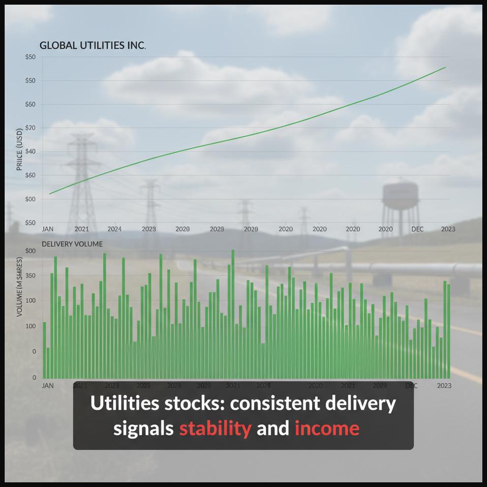 Stock chart of a utility stock showing stable price and consistent high delivery volume, indicating stability and income generation.